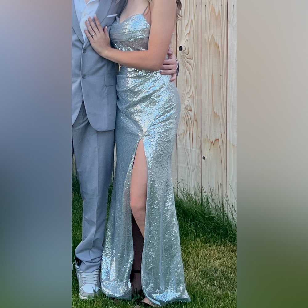 Amazon Silver Sequin Gown with Slit for Prom